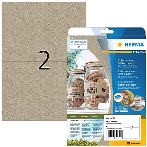 HERMA 10757 Universal Etiketten aus Graspapier, 20 Blatt, 210 x 148 mm, 2 pro A4 Bogen, 40 Stück, selbstklebend, bedruckbar, matt, blanko Silphie-Papier Klebeetiketten Aufkleber, natur-braun