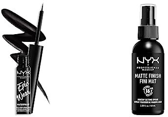 NYX Professional Makeup Eyeliner Liquide Semi-Permanent Epic Wear, Fini Mat, Noir & Spray Fixateur Setting Dewy Finish, Fini Mat, Formule Vegan, Modèle : Matte