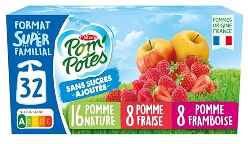 Pom'Potes Sans Sucres Ajoutés - Pommes, Fraises, Framboises - 32 Gourdes de 90g (2,88Kg) - Idéal pour les goûters sains - Le Lot De 2
