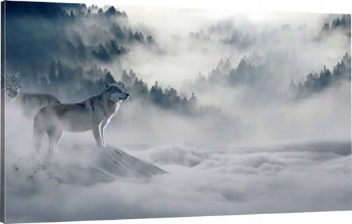 HUBDECO Leinwand Bilder Wohnzimmer - Bilder, Poster, Kunstdrucke - Leinwandbild - Bild auf Leinwand - Tolle Zimmerdekoration - Schlafzimmer Bilder - 120x80 cm Wolf Wald Nebel