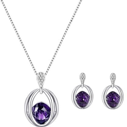 FDEETY Jewellery Sets Crystal Diamonds Pendant Necklace Earring Set Bridal Wedding Bridesmaid Jewellery Set for Women Girls (Purple)