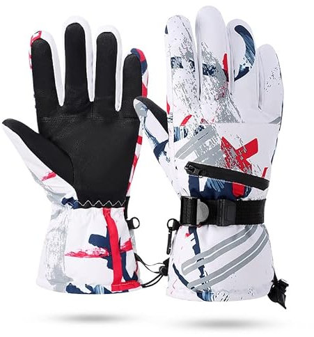 Productella Schneehandschuhe, Thermo-Winterhandschuhe für Damen und Herren, Schnee- und Skibekleidung (Herren – Weiß und Rot (Größe L))