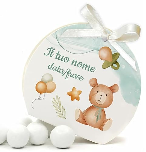 Mr Pubblicita - 30 Scatoline Portaconfetti + 30 Nastrini - STAMPA INCLUSA - Bomboniere Battesimo Nascita Primo Compleanno Baby Shower - Scatole sacchetti Personalizzate (Orsetto Boy)