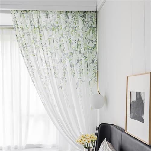 KEKUYA 1 er Set Wohnzimmer Gardinen,Voile Gardinen Vorhang halbtransparent mit Ösen Gardinen Modern für Schlafzimmer Balkontür Luftige Gardinen, Grüne Blätter B270×H213cm
