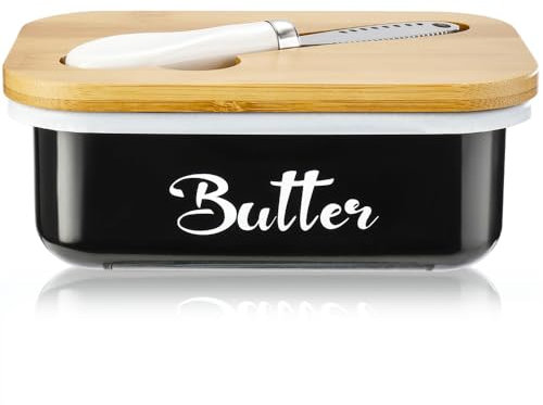 AISBUGUR Butter Dish with Lid and Knife, Metal and Wood, Black, 3.5*5.5*2in