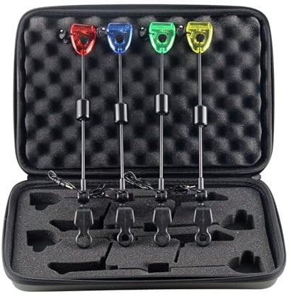 4 x Karpfenangeln Swinger-Indikator, LED-Alarm-Bissanzeiger-Set, wasserdicht, mit Aufbewahrungsbox, passend für alle Arten von Bissanzeigern
