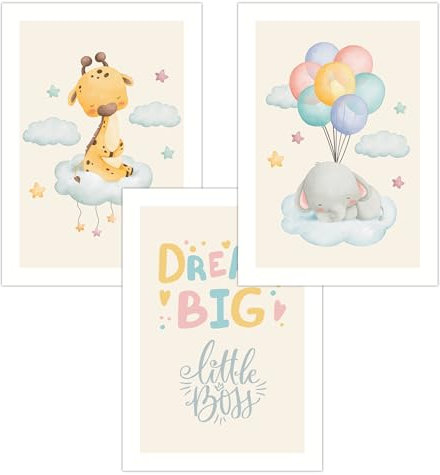 FAVELOT Poster Kinderzimmer Jungen & Mädchen A4 - Wolken, Tiere, Bunt Beige - Bilder Babyzimmer Deko - Deutscher Premium-Druck - 3er Set Din A4