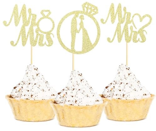 Sotpot Gold 24pcs Miss to Mrs Cupcake Toppers with Ring For Wedding Bridal Shower,Wedding Engagement Party Cake Decorations