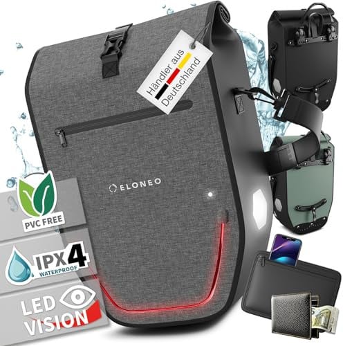 ELONEO Fahrradtasche für Gepäckträger mit LED Licht, 28L - 100% wasserdicht mit Tragegriff und Schultergurt, Fahrradtasche Gepäckträger, Fahrrad Gepäckträgertasche, grau