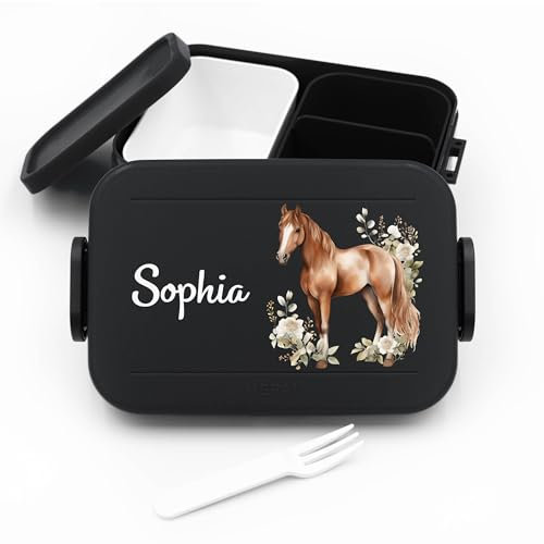 Geschenkfreude Kinder Bento Box Midi Lunchbox für Mepal Bentobox - Brotdose Schule mit Namen - Brotdose Pferde - 900 ml - Nordic Black - mädchen kindergarten bento lunchboxen