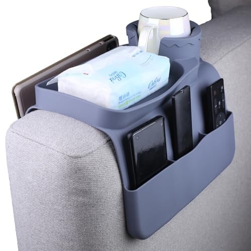 DLBTWDOYLS Silicone Sofa Cup Holder Tray, Non-slip Sofa Armrest Cup Holder with Side Pockets, Multi-functional Sofa Armrest Organiser, for Mobile Phones, Snacks, Various Cups (grey)