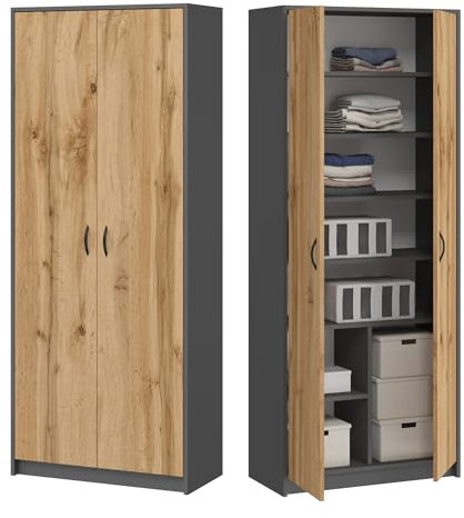 Kleiderschrank Mehrzweckschrank Regal grau 74cm breit 180cm hoch mit sechs Einlegeböden und Extra-Fach, Aktenschrank Haushaltsschrank Schrank Organizer aus Holz für Schlafzimmer Flur Keller Büro