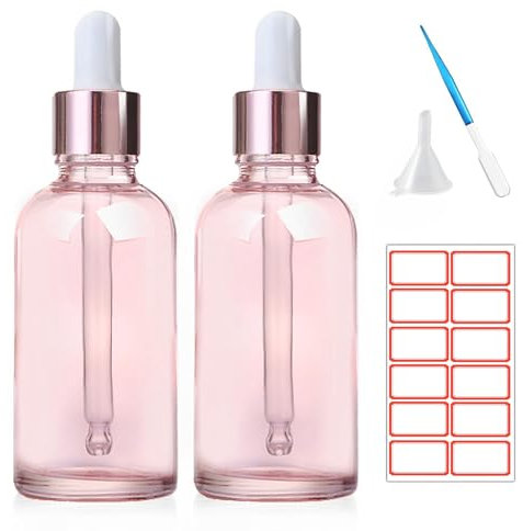 ToKinCen 2 x 30 ml Dropper Bottle Pink Glass Bottles with Glass Pipette Essential Bottles Small Sample Dropper Bottles Refillable with Plastic Funnels and Labels