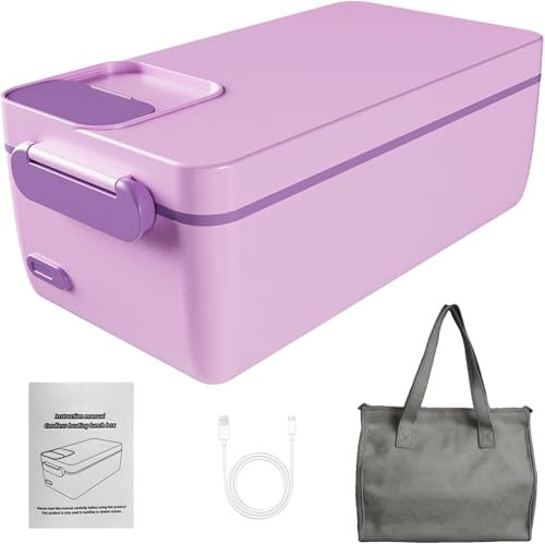 Cordless Electric Lunch Box, 3200mAh Portable Self Heating Lunch Boxes with Insulated Bag, LCD Display, Timer, Heated Lunch Box, Stainless Steel Container, Leak-Proof Food Heater for Home(Purple)