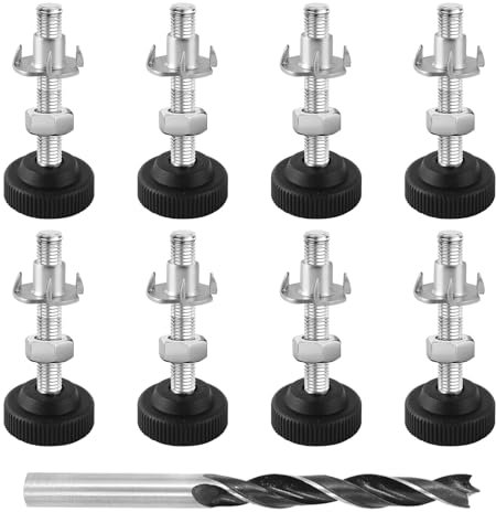 Lot de 8 Pied Reglable pour Meuble M8 x 50 mm avec écrous à enfoncer, Pieds de Réglage M8, écrous de Blocage et Forets Métalliques, Pied de Meuble Reglables, Pied de Table Reglable, Pieds de Meubles