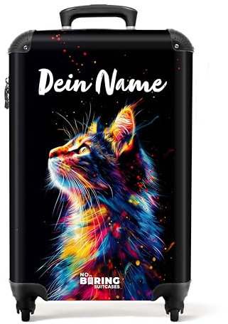 NoBoringSuitcases.com Kinder Koffer Personalisiert, Koffer Klein, Kindertrolley, Kinder Koffer mit Rollen, Kindergepäck, Trolley Handgepäck 55x40x20 cm (Seitenansicht Bunte Katze - Schwarz)