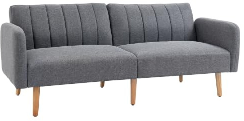 HOMCOM Schlafsofa Verstellbare Rückenlehne Holzbeine 173x75x73cm Grau | 2-Sitzer Sofa mit Schlaffunktion, Dick Gepolsterte Couch, Armlehne, Schlafcouch, Wohnzimmer, Gästezimmer