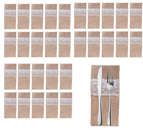 Silverware Pouches, 7.1x4.1in 30Pcs Burlap Tableware Utensil Holder Pouch Lace Silverware Bag Cutlery Holder Pouch for Vintage Rustic Wedding Party