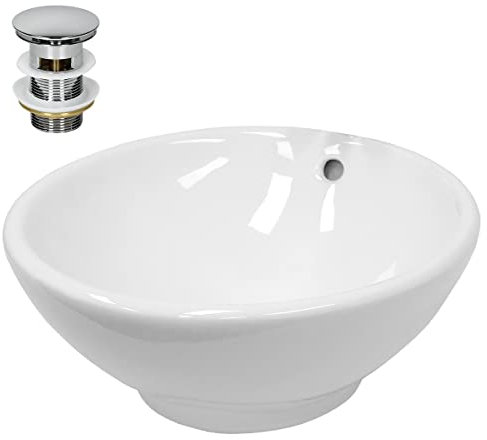LuxeBath Waschbecken Keramik Weiß Ø 420x170 mm rund mit Ablaufgarnitur Silber, Aufsatzwaschbecken mit Überlauf, Aufsatzbecken Aufsatzwaschtisch Waschschale Waschplatz Handwaschbecken für Badezimmer