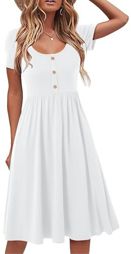 Beluring Kleider Damen Elegant Kurzarm Midikleid Rundhals A Linien Sommerkleid Weiß XL