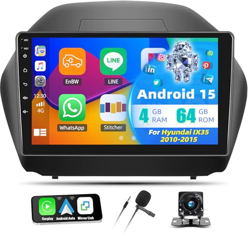 4+64G Android 15 Autoradio für Hyundai IX35 2010-2015,10.1 Zoll Touchscreen mit CarPlay & Android Auto Bluetooth GPS WiFi 32EQ+ AHD Rückfahrkamera