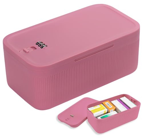 KTCINA Small Lockable Storage Box with Combination Code, Portable Medication Lockable Container for Refrigerator Locked Storage Box for Medicine, Food, Phone, Documents Safety 23.9x13x9.6cm (Pink)