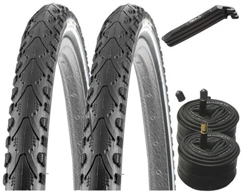 2X Fahrradreifen Set Khan K-935, 28 Zoll, schwarz, 28 x 1.75 | K-Shield Pannenschutz, 700x45C 47-622, mit Reflexstreifen, 2X AV Schläuche + 3 Reifenheber