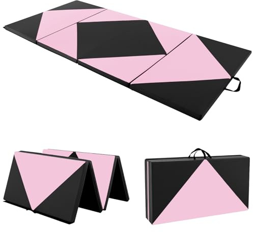 COSTWAY Tapis de Gymnastique Pliable Epais 240x117x5CM, Matelas d'Entrainement en Mousse et PU avec Poignées, pour Yoga Gymnastes Entraînements Sportifs (Rose Clair et Noir)