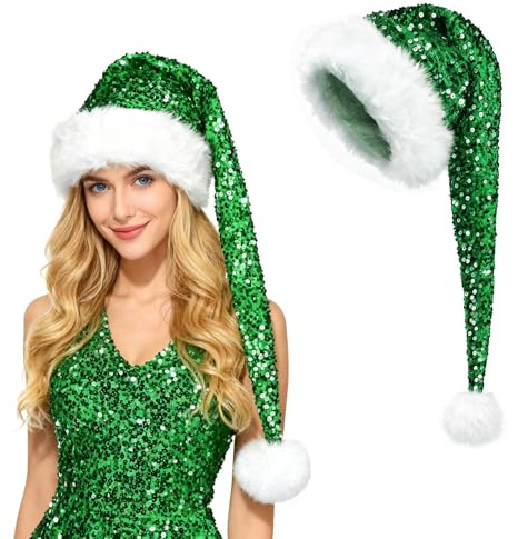 TAGVO Lang Weihnachtsmütze Nikolausmütze Damen Herren Plüsche Weihnachtsmann Mütze mit Glitzer Pailletten Perfekt für Weihnachtsfeiern Und Heiligabend