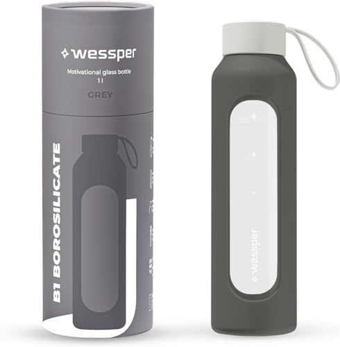 Wessper Trinkflasche aus Glas mit Silikonhülle, Borosilikatglas Flasche mit Zeitmarkierung 1 liter, Sportflasche Ideal für Fitness, Schule Sport, Kinder- Grau