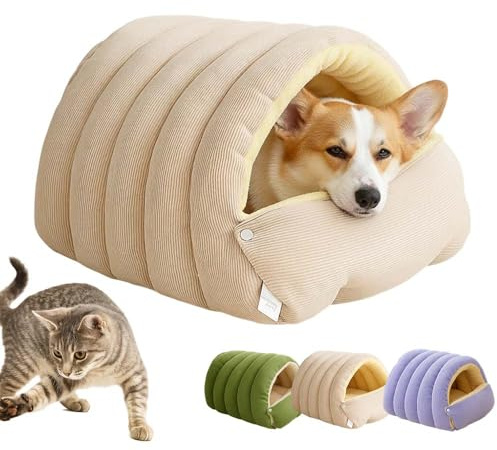 Katzenbett Große Katzen Katzenhöhle, Winterhöhle Aus Cord Tunnelzelt Abnehmbar Waschbar, Geschlossener Haustierschlafsack Katzenhaus Und Katzenkorb für Katzen Kleine Hunde (Beige)