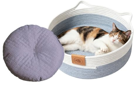 Palaufr Katzenkorb Bett - Geflochtenes Haustierzubehör Mit Matte | Hundekorb Rundes Katzenbett - für Indoor Haustiere Alle Jahreszeiten Schlafzimmer Wohnzimmer Spielzeug und Snack Aufbewahrung