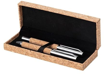 ONE SHOP Set 2 Stifte aus Kork mit Drehkugelschreiber + Rollerstift mit Metallkappe umweltfreundlich, elegant, Geschenkidee, Federmäppchen, 16 × 6 × 3 cm, Stifte 13 cm