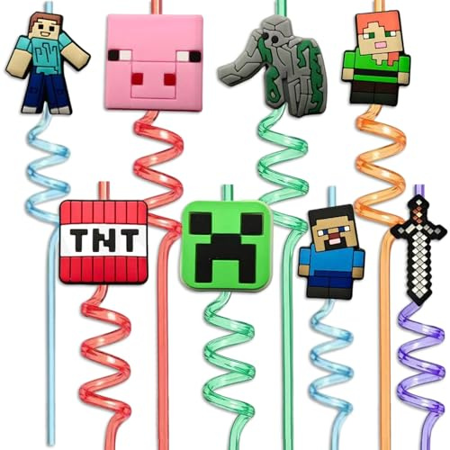 8-Piece Colourful Plastic Straws, Pixel Face Personalised Curly Straws with Bendable Design, Reusable Straw for Smoothies & Cocktails, Kids & Party Straw for Drinks Decor
