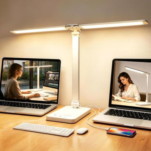 Akynite Doppelkopf-Schreibtischlampe LED-dimmbar, 2A Adapter enthalten, 5 Farben 10 Helligkeit, USB Anschluss, Klappbare Lampe Schreibtisch Touch mit Timer, Leselampe Tisch Weiß
