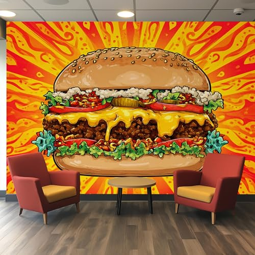 Fototapete Hamburger, Tapete 3D Essen Wohnzimmer Schlafzimmer Küche, 500x350 cm, Vliestapete, Poster Tapeten, Wandtapete