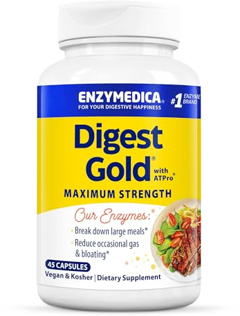 Enzymedica Digest Gold, High Potency Digestive Enzymes with ATPro, Supports Digestion of Fats, Protein, Carbs and Fibre, Helps with Occasional Bloating, 45 Vegan Capsules, Gluten Free, Non-GMO