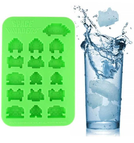 FIFTY 50 Space Invaders Silicone Ice Cube Tray - Green Alien Shaped - 4 Pieces - Includes Space Invaders Silicone Ice Cube Tray