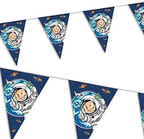 Astronaut Flo Wimpelkette Kindergeburtstag - Weltraum Mottoparty Set - Blau-Weiß - 27cm x 18cm - Banner - Pennant - Wandmontage - Cartoon