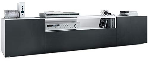 Vladon Lowboard Mogan, TV-Kommode mit 2 Türen, 1 Klappe und 1 offenes Fach, Weiß matt/Schwarz matt (181 x 39 x 35 cm)