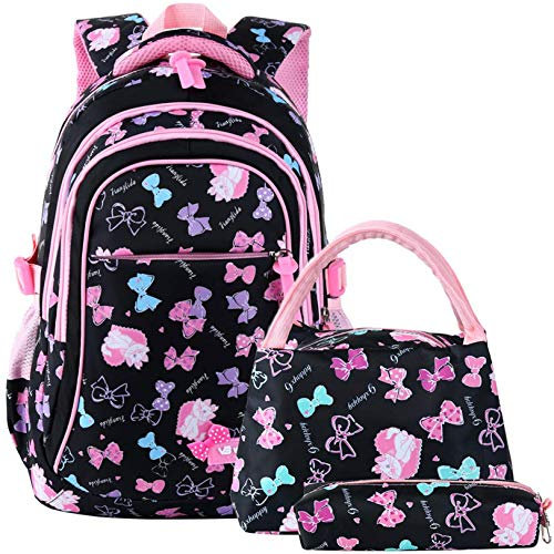 Rucksack Mädchen Schule 3 Teile Set Schulranzen Mädchen Schulrucksack Schultasche Floral Rucksack Kinder Daypack für Schule und Freizeit (Schwarz)