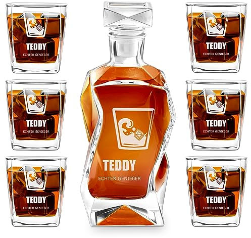 Maverton Whiskey Karaffe + 6er Whiskygläser Set mit Gravur - 700ml Whisky Dekanter - Geschenk zum Geburtstag für Männer - echter Genießer