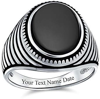 Retro Gerillte Streifen Stil Geätzte Band Schwarz Onyx Quadratische Siegelring Für Männer Schwer .925 Sterling Silber Handgefertigt Individuell Graviert
