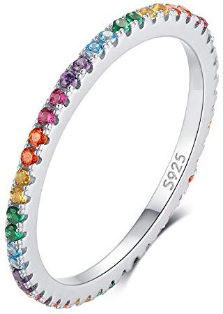Qings Anillo de Gotitas Plata de Ley 925, Anillo Arcoiris con Colorido Circonita Cúbica para Mujeres de Boda Chica de Damas