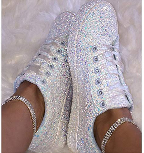 Oceansee Damen-Schnür-Sneakers, Glitzer, Herbst, flach, vulkanisiert, Bling, leger, weiblich, modisch, Plateau, flache Schuhe, Weiß - weiß - Größe: 38 EU