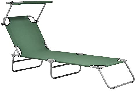 casa.pro Sonnenliege mit Dach Argozelo Liegestuhl klappbar Strandliege bis 110 kg Dunkelgrün Gartenliege mit Rückenlehne verstellbar 186 x 55 x 24 cm Stahlgestell