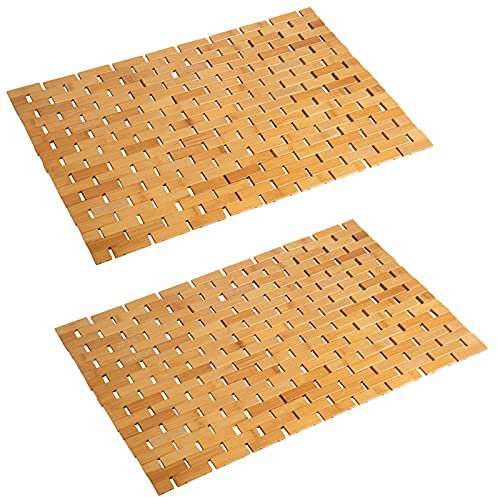 Bambus-Badematte, Badezimmerteppich, Boden, Holz, Dusche, Badewanne, wasserdicht, rutschfest, natürliches Zubehör, 40,6 x 61 cm, leicht zu reinigen, 2 Stück