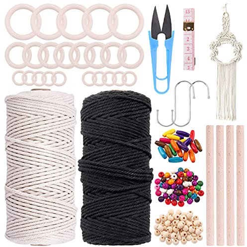 Cimeton 134-teiliges Makramee-Set mit Makramee-Schnur, 90 mx3 mm, mit Holz-Makramee-Perlen, Hängepflanzen, DIY-Bastelsets für Erwachsene und Anfänger