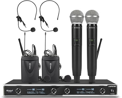 D Debra D-440 UHF 4-Channel Wireless Microphone System with 2 Handheld Mics & 2 Lavalier Headset Mics, Perfect for Karaoke, Parties, Weddings, Churches, 300 Ft Range (2 Handheld & 2 Bodypack)