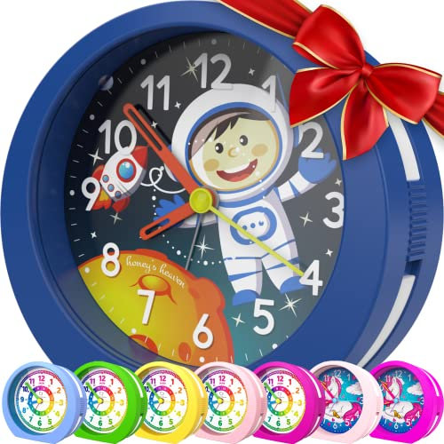 Honey's Heaven Kinderwecker ohne Ticken - für Jungen und Mädchen - Lernwecker Lernuhr Weckuhr Kinderuhr Quarzwecker Snooze Analog Quartz Wecker (Astronaut Dunkelblau)